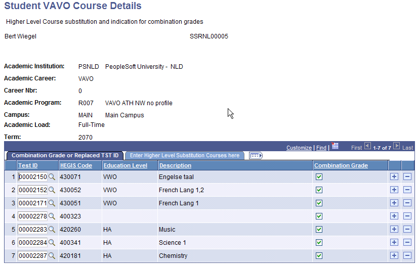 Student VAVO (Voortgezet Algemeen Volwassenen Onderwijs) Course Details page: Combination Grade or Replaced TST (test) ID tab