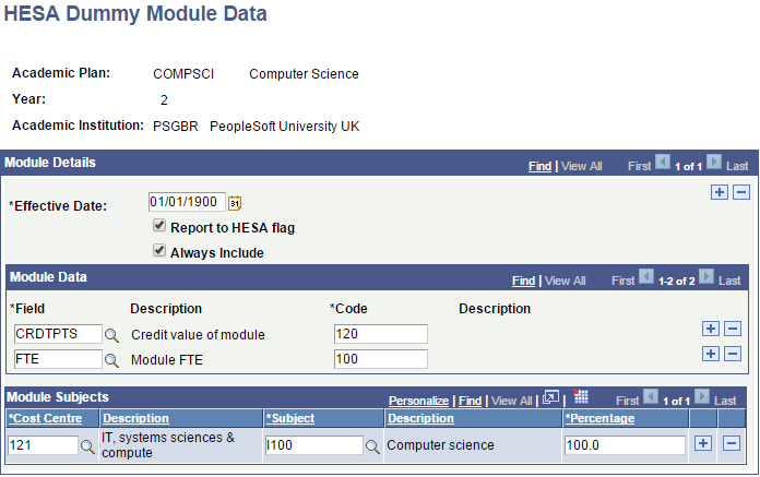 HESA (Higher Education Statistics Agency) Dummy Module Data page
