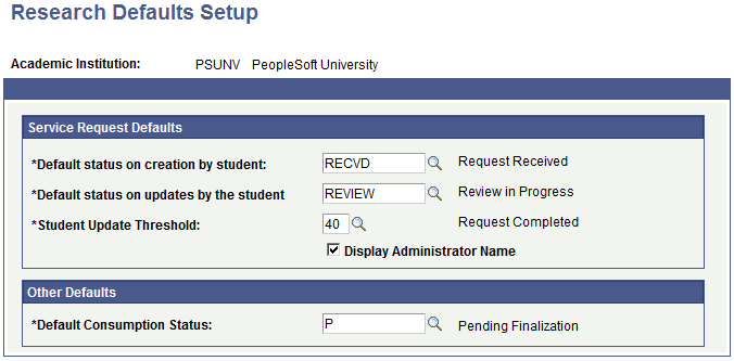 Research Defaults Setup page
