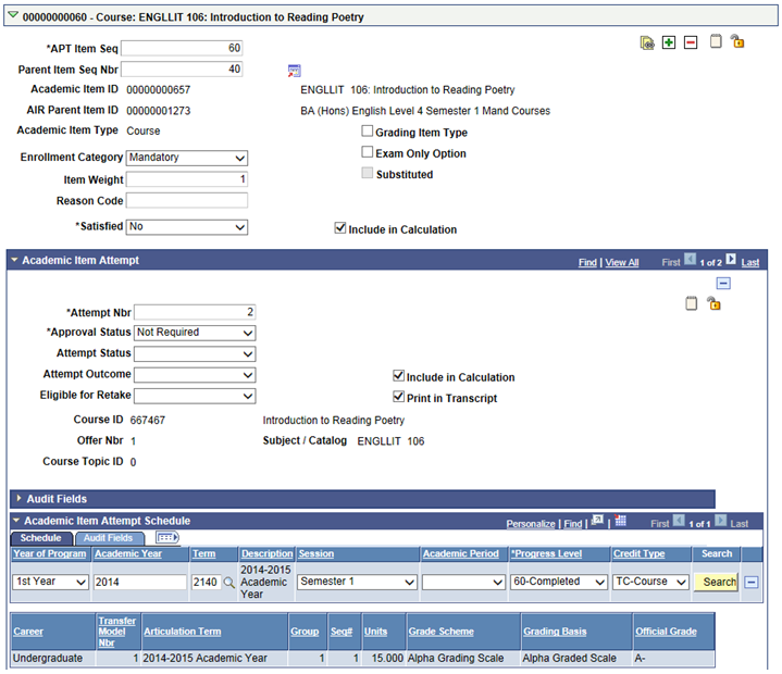 APT (Academic Progress Tracker) Items page: Credit Type example