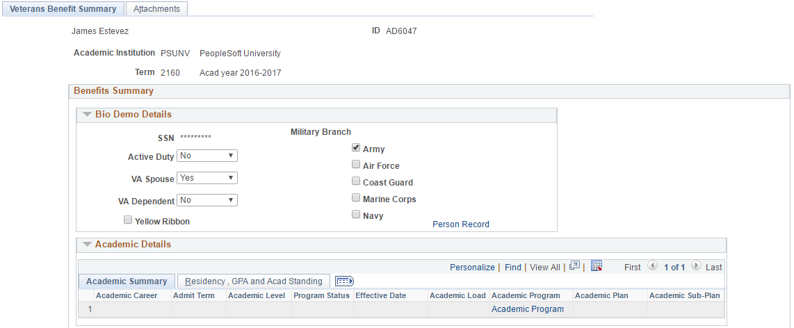 Veterans Benefit Summary page (1 of 2)
