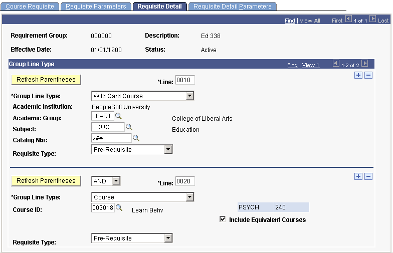 Setting up a wild card course and course prerequisite (CRSE_RQS_RSTR_DET)