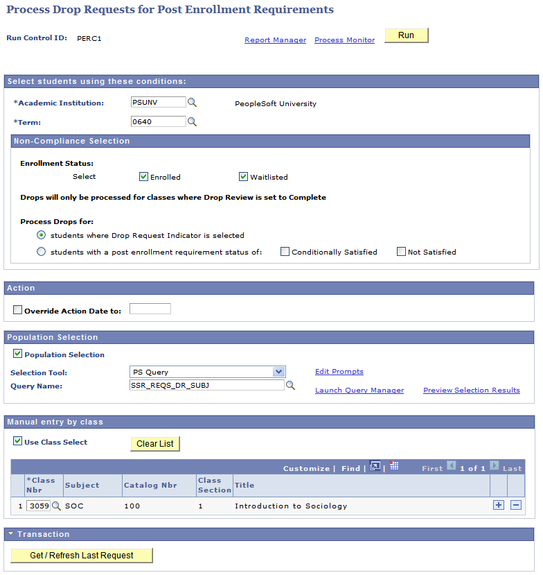 Process Drop Requests for Post Enrollment Requirements page