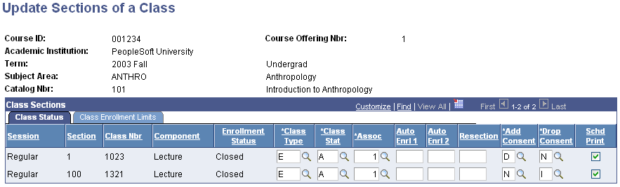 Update Sections of a Class page