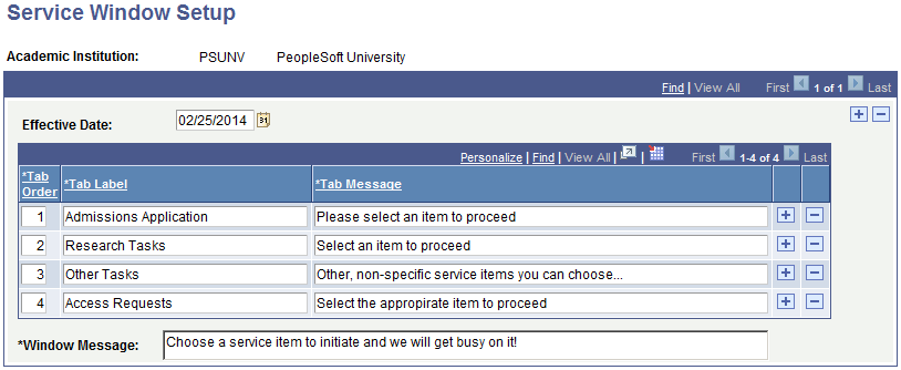 Service Window Setup page