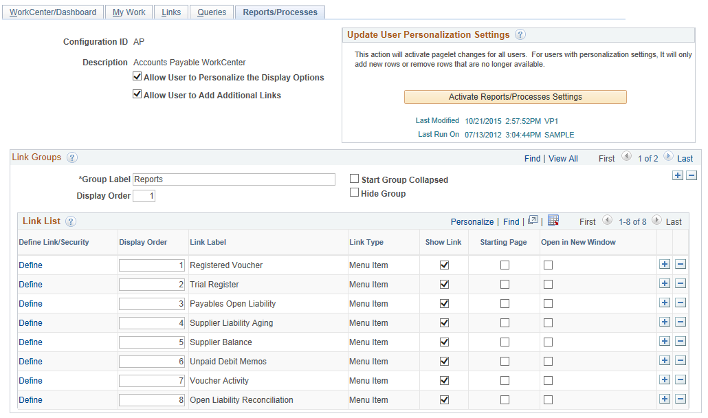 Configure Pagelets - Reports/Processes page