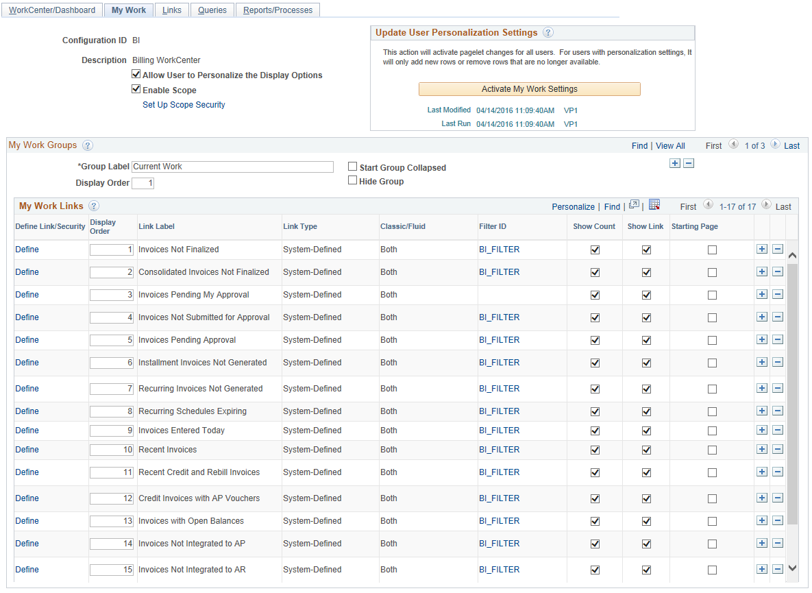 Configure Pagelets - My Work page