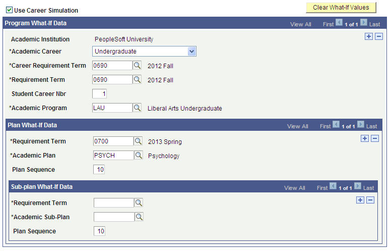 Example of Generate Report Requests page with the what-if group boxes (2 of 2)