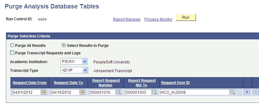 Purge Analysis Database Tables page