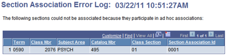 Section Association Error Log page