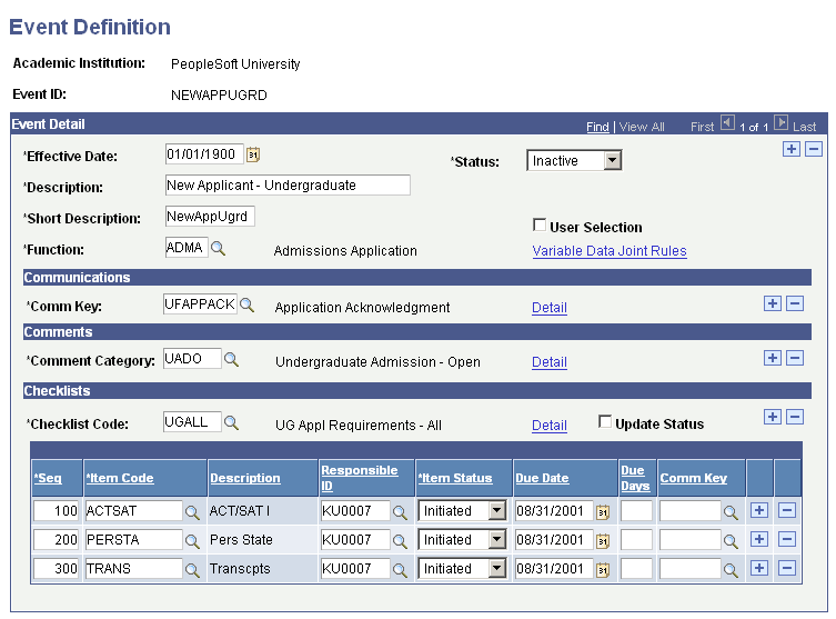 Engine Event Definition page