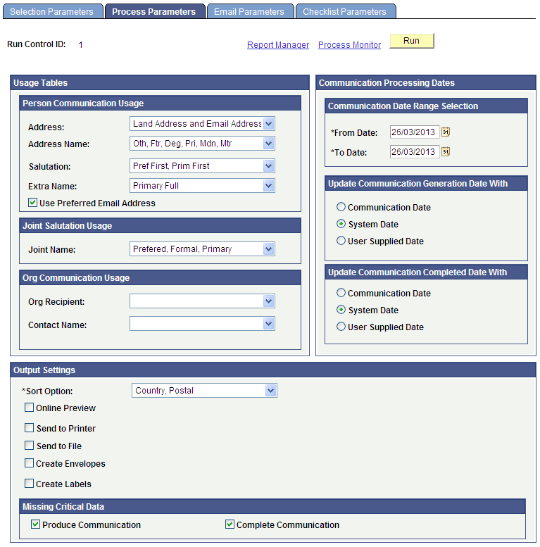 Process Parameters page