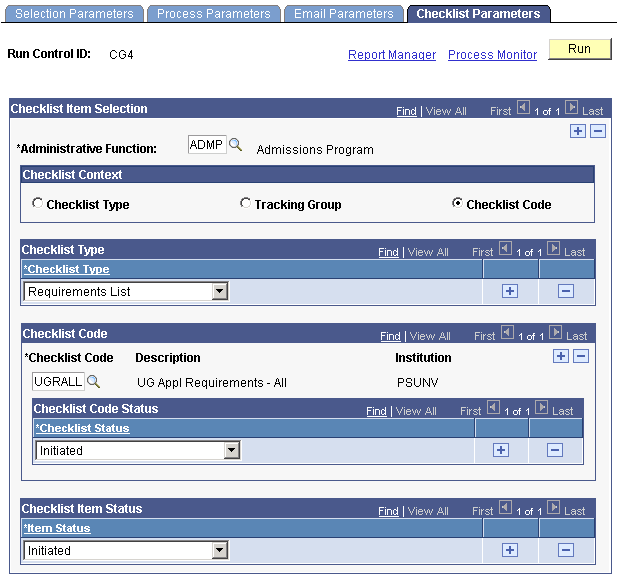 Checklist Parameters page