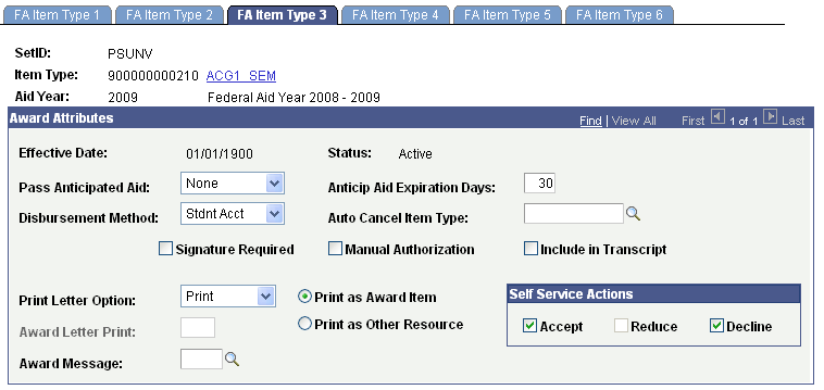 FA (financial aid) Item Type 3 page