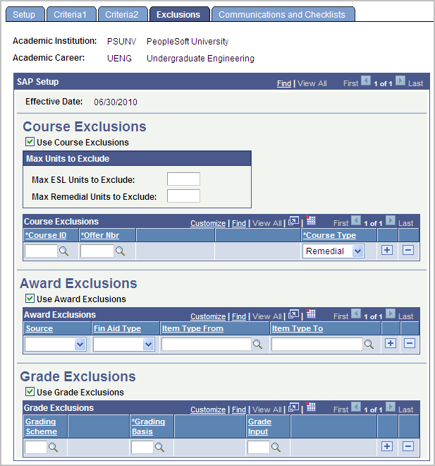 SAP (satisfactory academic progress) Exclusions page
