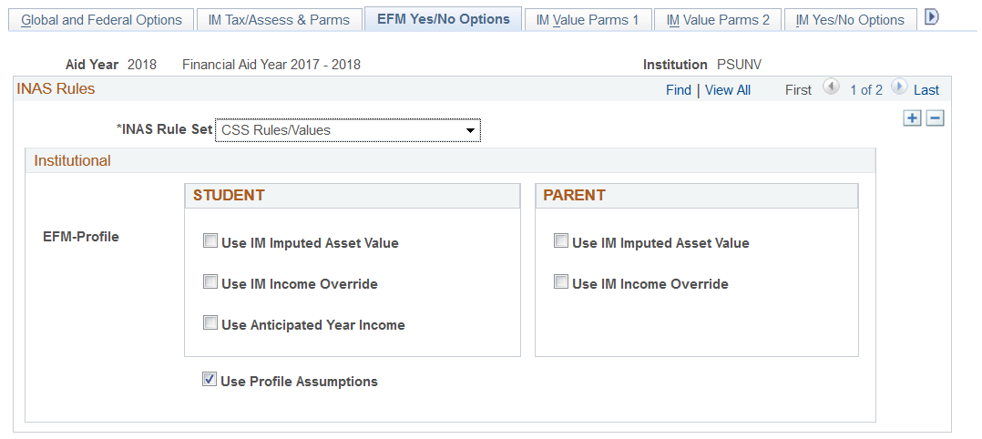 EFM (estimated federal methodology) Yes/No Options page