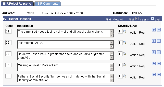 ISIR (Institutional Student Information Record) Reject Reasons page