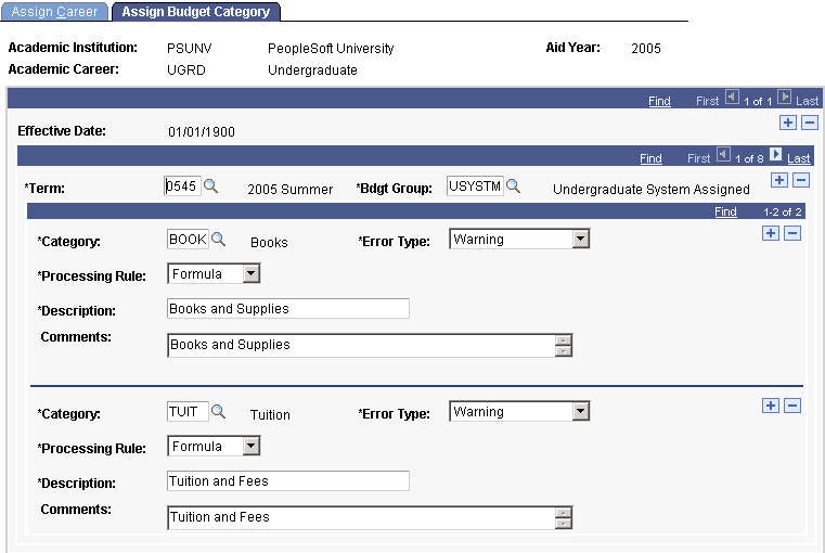 Assign Budget Category page