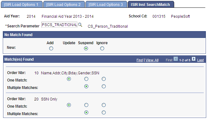 ISIR (Institutional Student Information Record) Inst (institutional) Search Match page