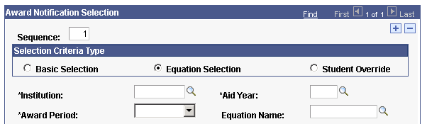 FAN (financial aid notification) Letter Run Control page with Equation Selection