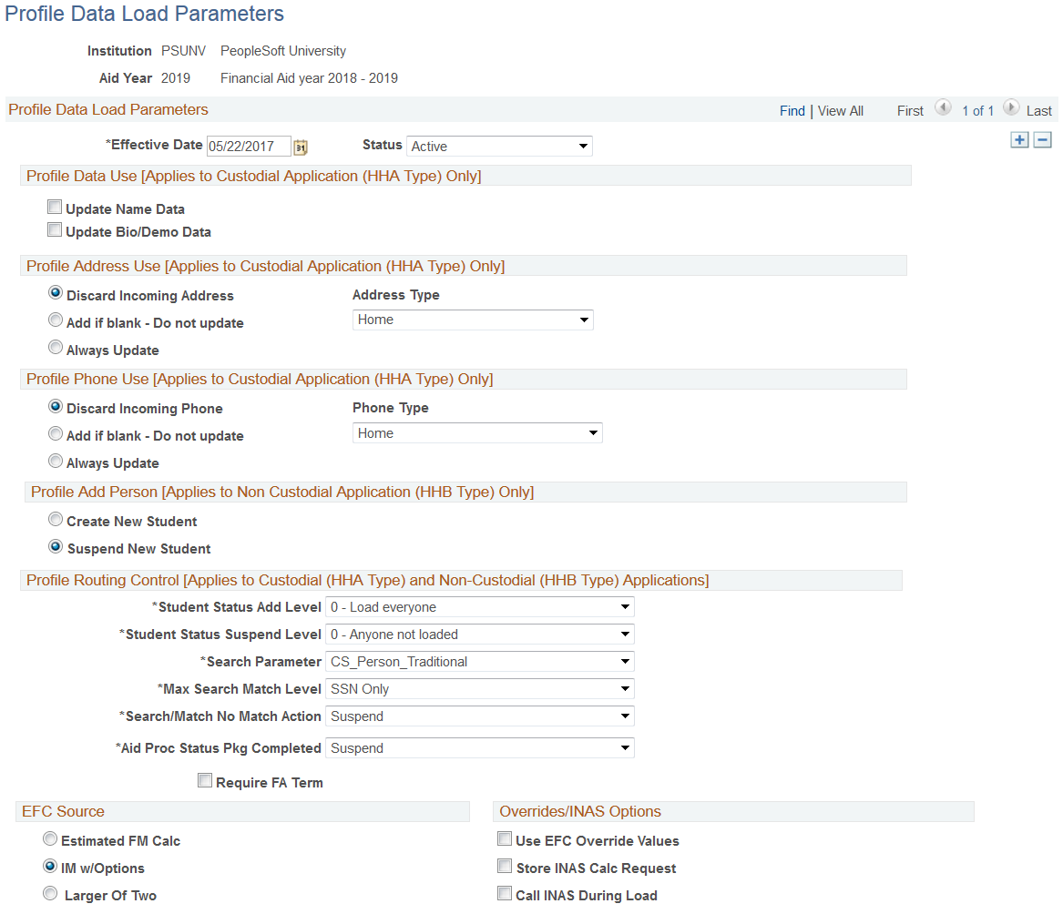 PROFILE Data Load Parameters page