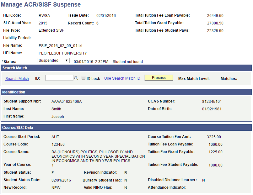 Manage ACR (Attendance Confirmation Report)/SISF (Student Information Service File) Suspense page 1 of 2