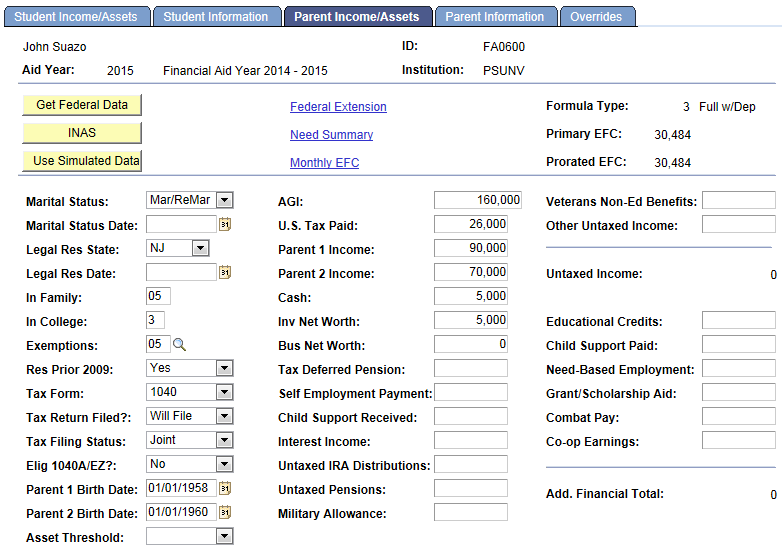 Parent Income/Assets page