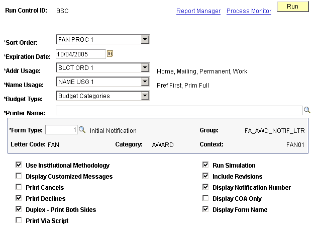 FAN (financial aid notification) Letter Run Control page (1 of 2)