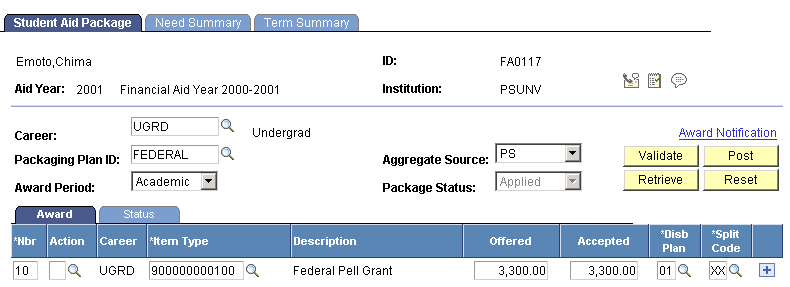 Student Aid Package page displaying the student's award for the AAP (Based on Pell Grant awarding functionality for the 2009 and prior aid years.)
