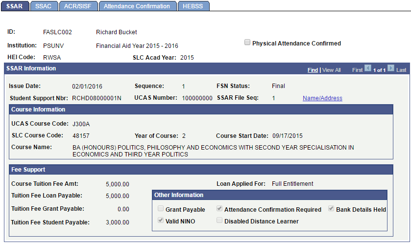 SSAR (Student Support Attendance Request) page
