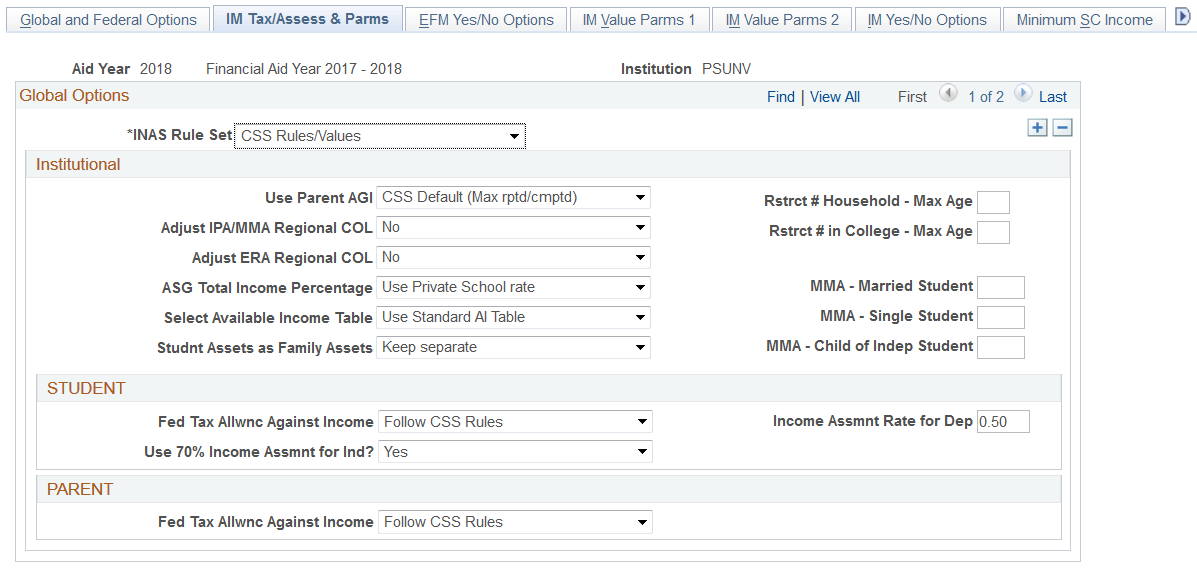 IM (institutional methodology) Tax/Assess and Parms (parameters) page