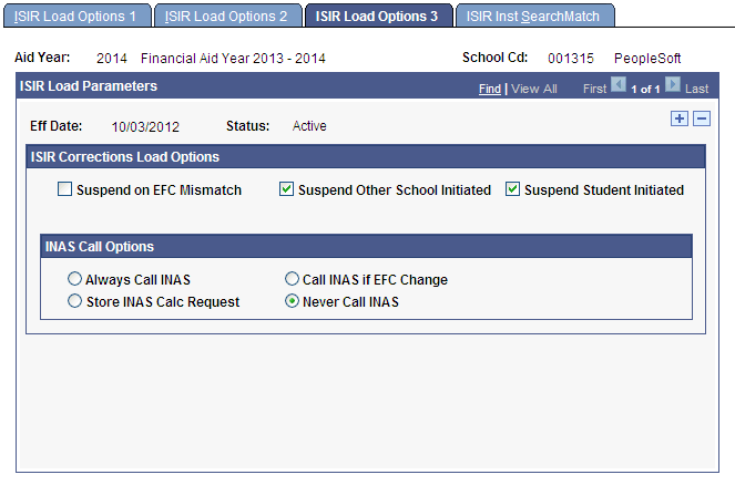 ISIR (Institutional Student Information Record) Load Options 3 page