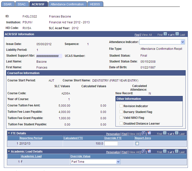 ACR (Attendance Confirmation Report)/SISF (Student Information Service File) page