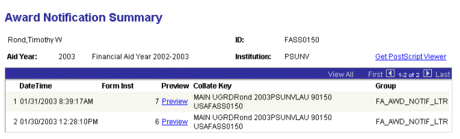 Award Notification Summary page
