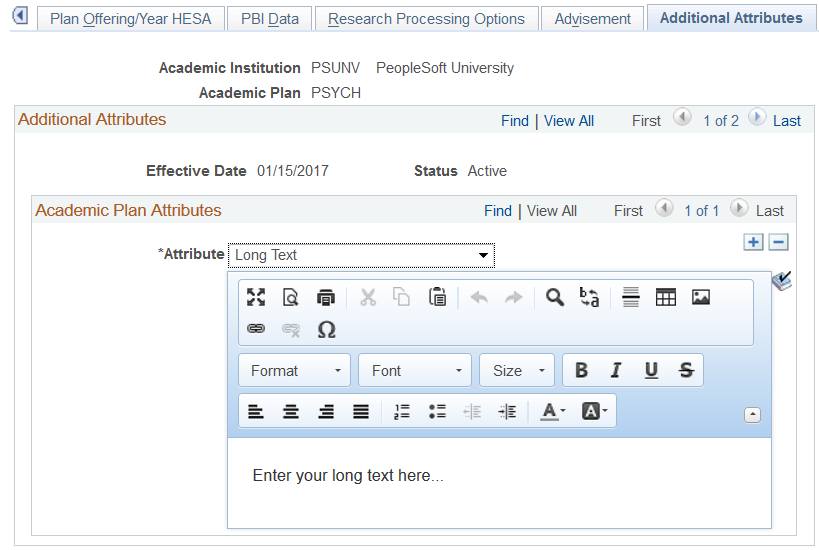 Additional Attributes (Academic Plan) page