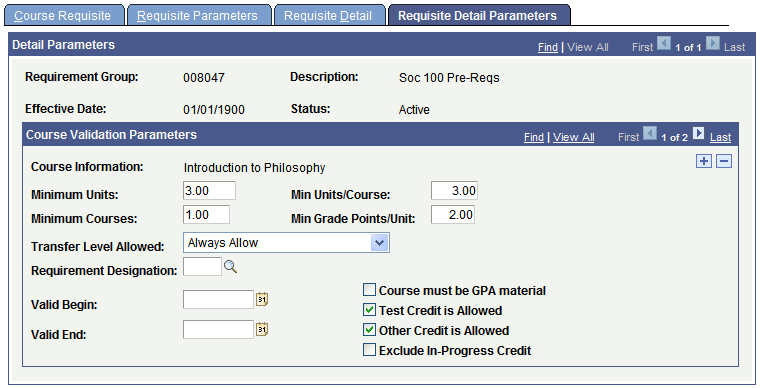 Requisite Detail Parameters page
