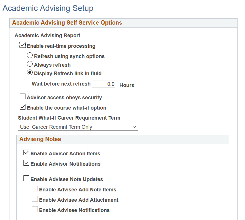 Academic Advising Setup page