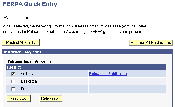 FERPA (Family Educational Rights and Privacy Act) Quick Entry page