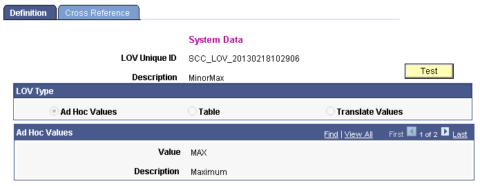 Define List of Values - Ad Hoc Values page