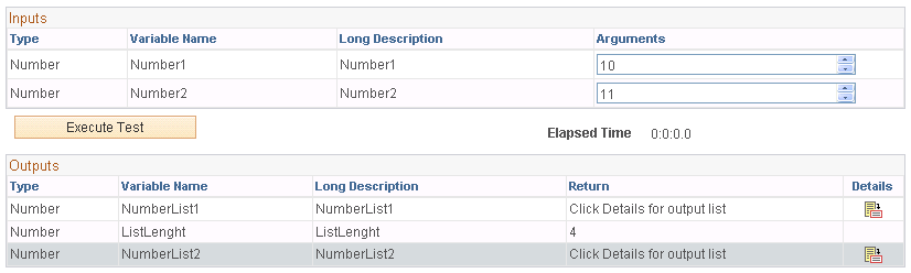 Rules Engine Tester page (Inputs and Outputs)