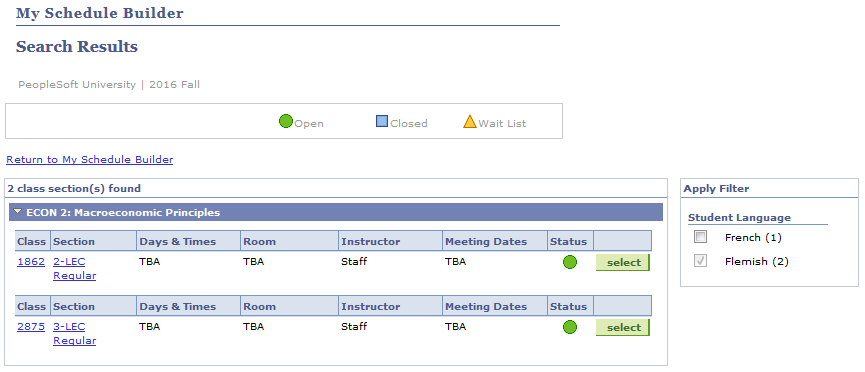 Example of class search results when filtered by Student Language