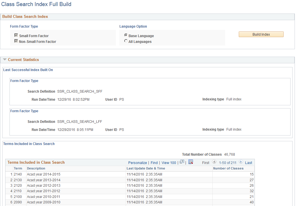 Class Search Index Full Build page