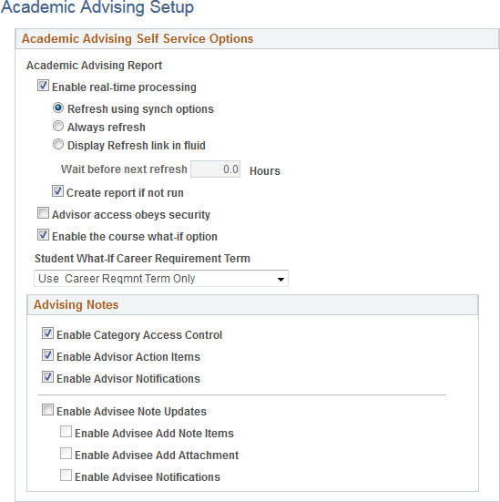 Academic Advising Setup page