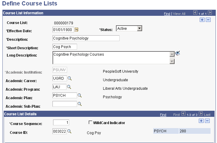 Define Course Lists page (1 of 2)