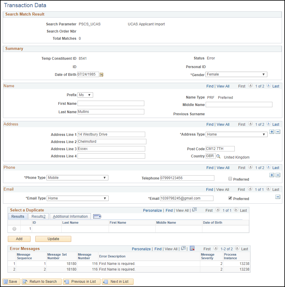 Transaction Data page