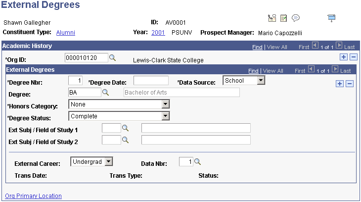 External Degrees page
