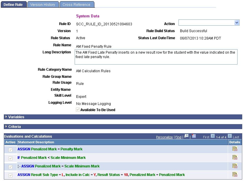 Define Rule page
