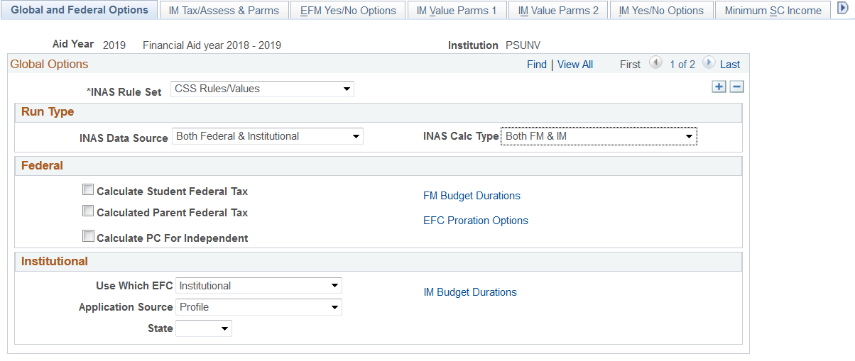 Global and Federal Options page
