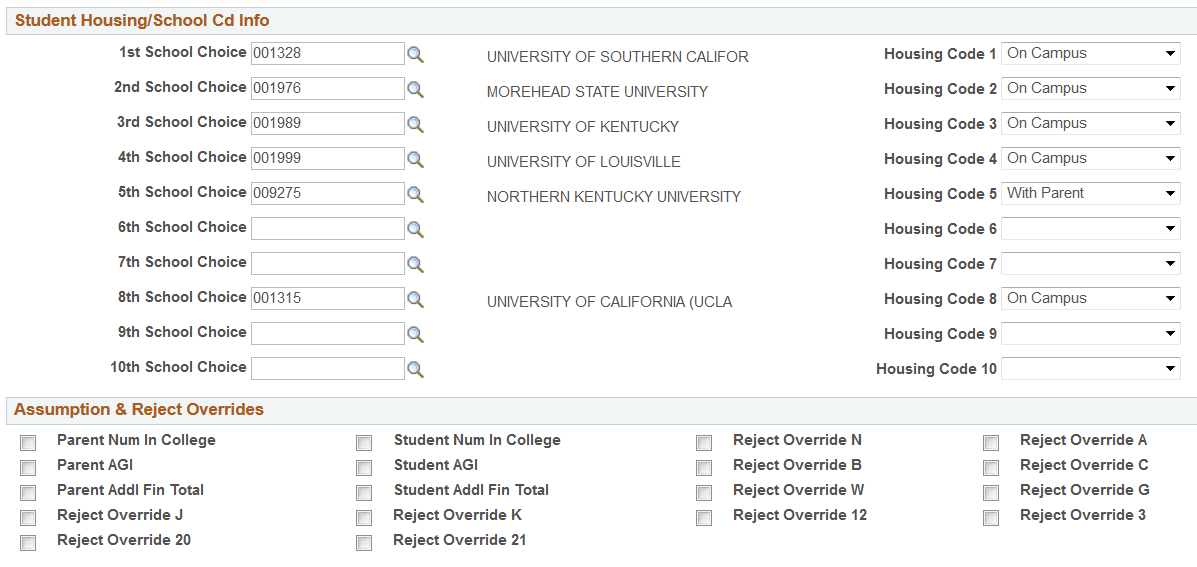 FAFSA (Free Application for Federal Student Aid) Assumptions\School Codes page (2 of 4)