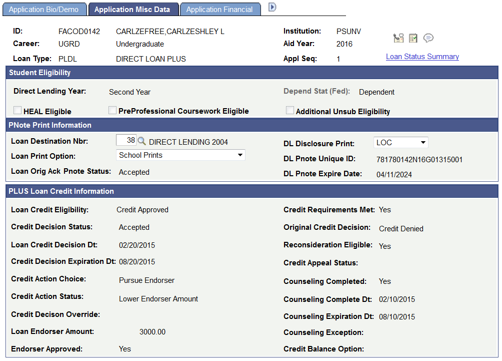 Application Misc (miscellaneous) Data page